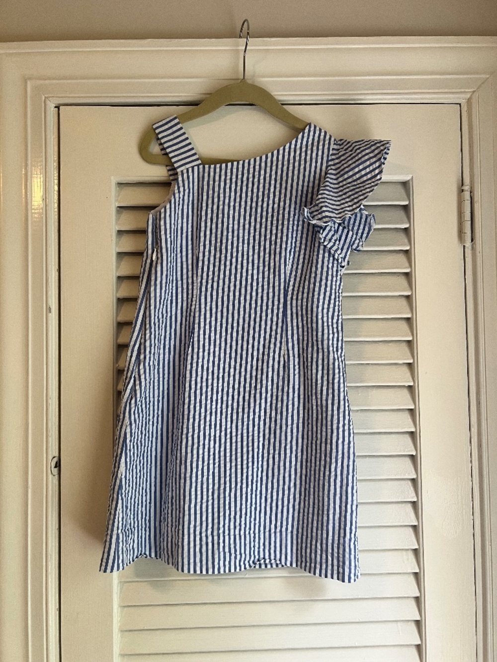 Florence Eiseman One Shoulder Blue Striped Seersucker Dress - Size 7